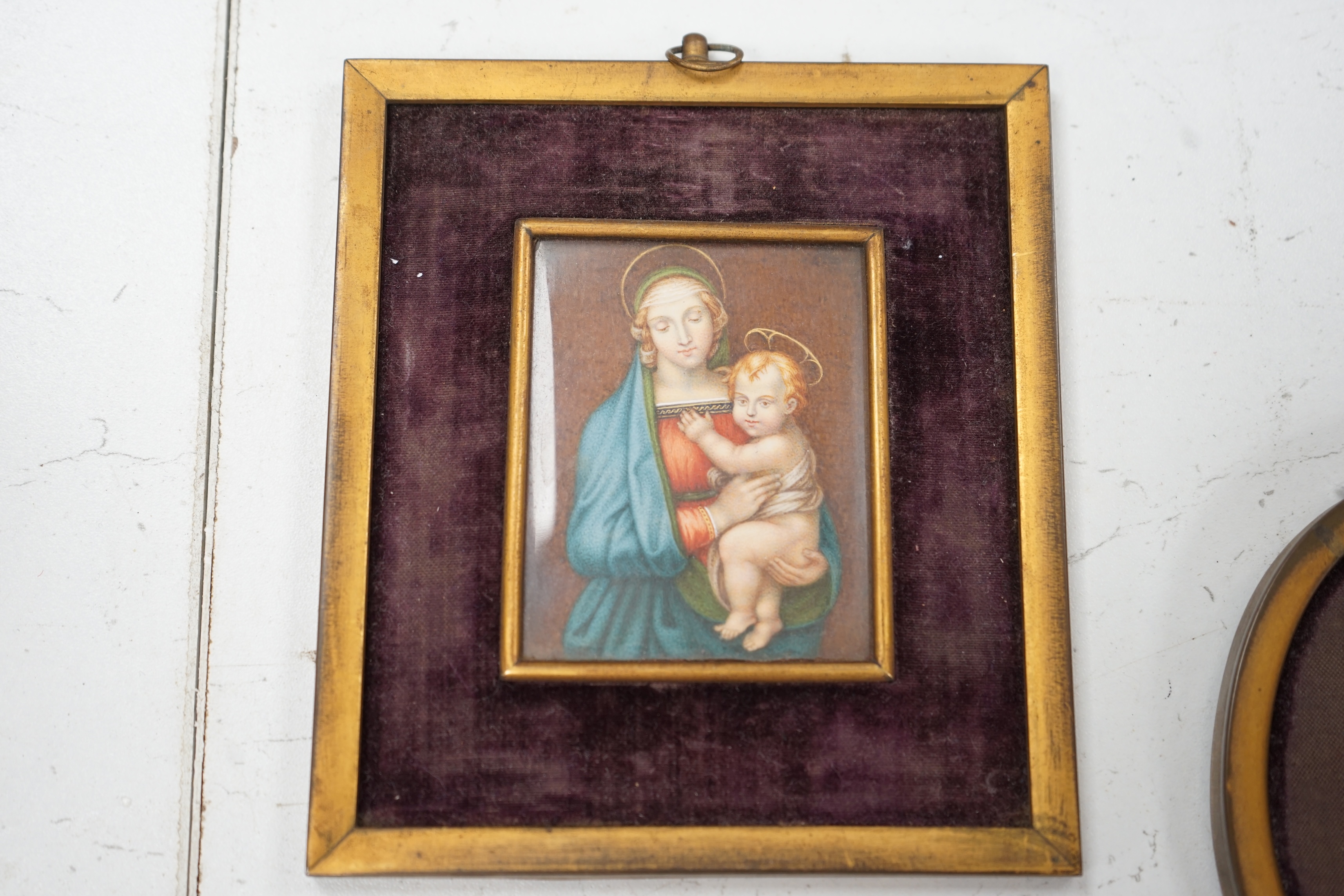 D. Alfonso M. Focacci (19th century Florentine school), three oils on ivory, each with ink inscriptions verso together with a Palais Royale gilt metal picture frame, largest 7 x 5.5cm. , CITES Submission References RX3LB